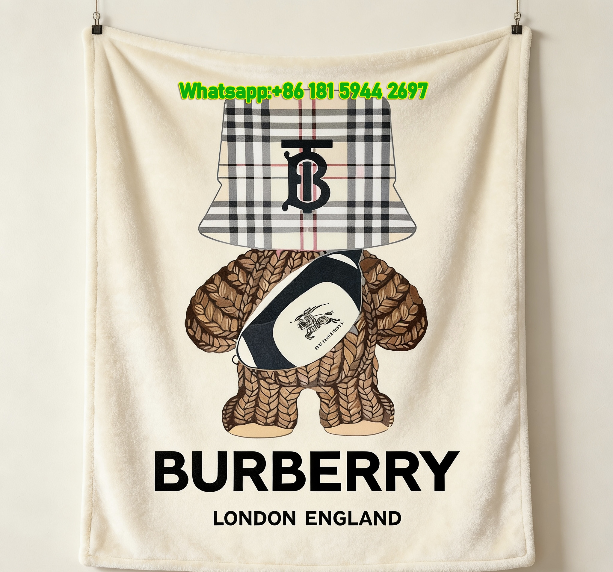 Burberry Bucket Hat TB Monogram Teddy Bear Flannel Sofa Throw Blanket B019